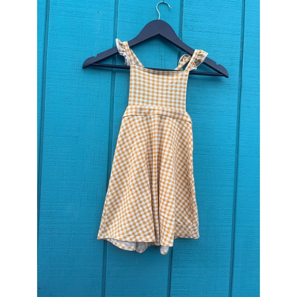 Heart & Arrow Kids Yellow Gingham Pinafore Dress Ruffle Strap Bow Back
